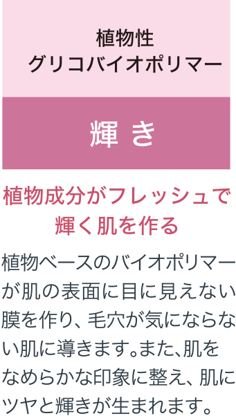 植物性グリコバイオポリマー 輝き 植物成分がフレッシュで輝く肌を作る 植物ベースのバイオポリマーが肌の表面に目に見えない膜を作り、毛穴が気にならない肌に導きます。また、肌をなめらかな印象に整え、肌にツヤと輝きが生まれます。